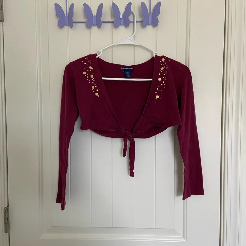 Limited Too girl’s cropped knotted gold sequin sweater — size 8